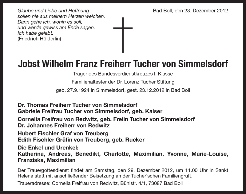  Traueranzeige für Franz Freiherr Tucher von Simmelsdorf vom 27.12.2012 aus Pegnitz-Zeitung